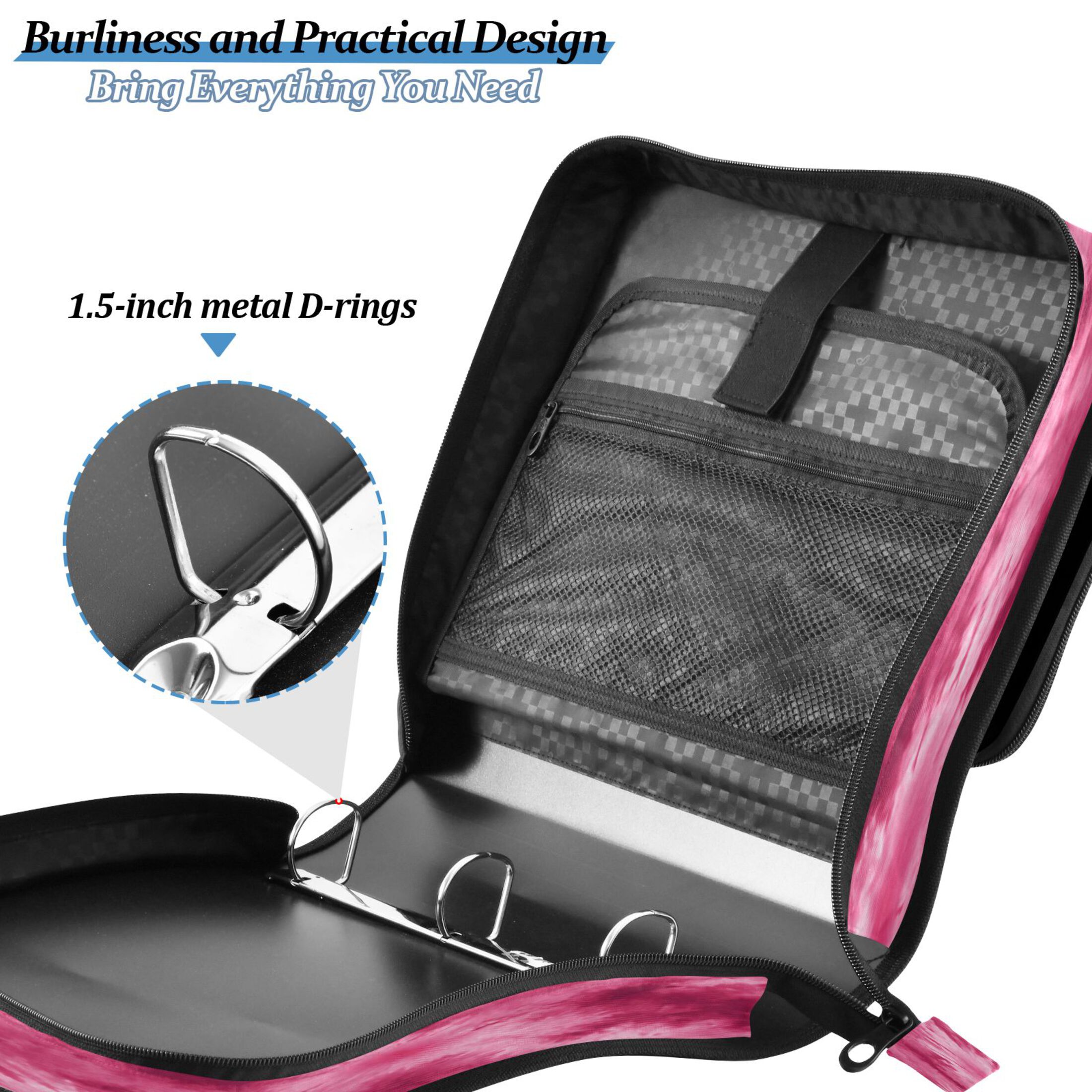 Zipper Binder 3 Rings Stationery Office Files Daily Organizer File Folder Storage Bag Rose Red Tie-dye Pattern