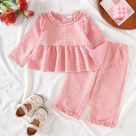 ibiyuan 12 Month Girl Clothes Fall Winter Outfits Summer Plaid Ruffle Long Sleeve Tee Top, Lightweight Casual Pants 2 Piece Outfit