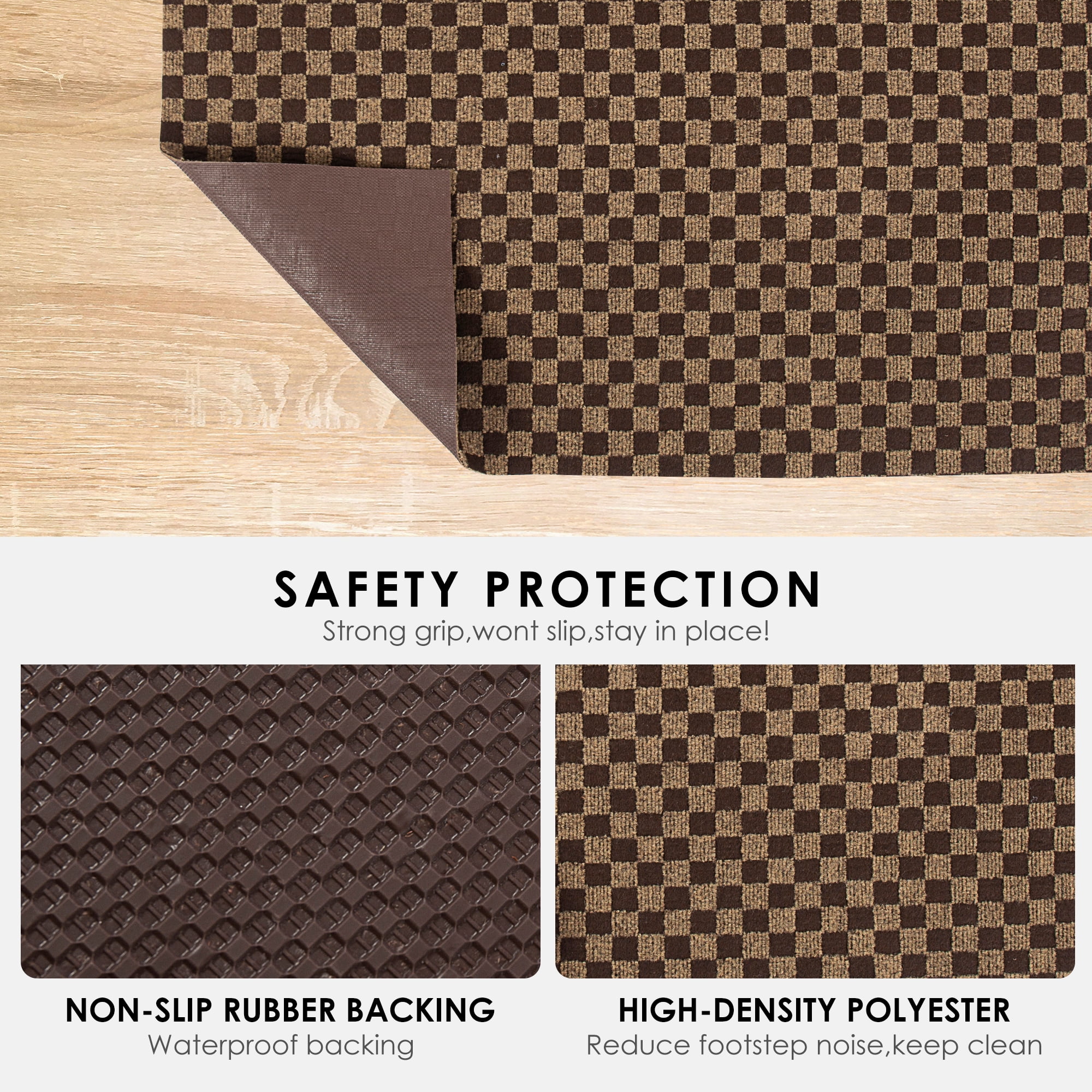 Koloko Runner Rugs Outdoor Indoor Non-Slip Area Rug Long Carpet Runners with Rubber Backing Mat Custom Size for Hallway Kitchen Entryway Garage, Brown Checkred, 4' x 8'