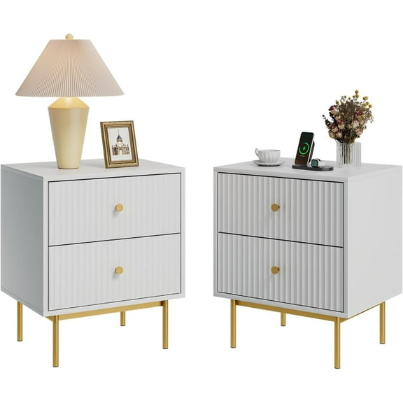 FURNIWAY White Fluted Nightstand Set of 2 with 2 Drawers Bedside Table Sofa Side Table for Bedroom Living Room