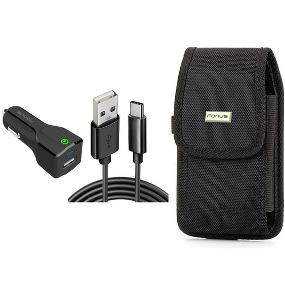 Car Charger & Case Belt Clip for iPhone 15 Pro Max - 18W Fast USB Port 6ft Cable Type-C and Rugged Holster Canvas Cover K1L for iPhone 15 Pro Max (6.7")