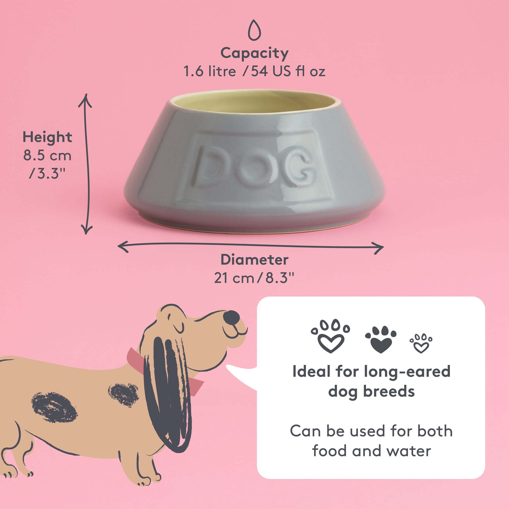 Mason Cash: Non-Tip Dog Bowl - Grey - 8.3", 54oz - Durable Ceramic Food & Water Angled Dish, Microwave-Dishwasher Safe, Pet Meal Feeding & Hydration