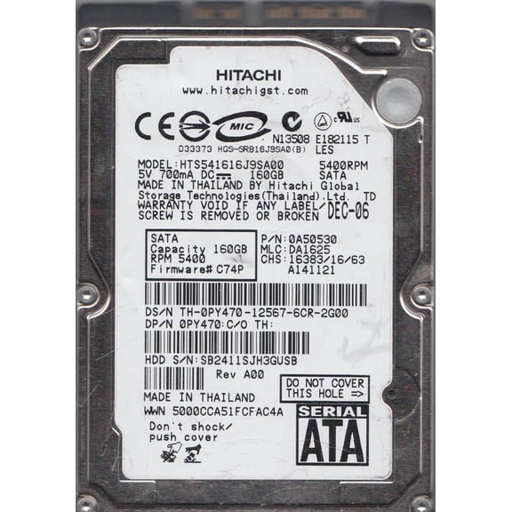 HTS541616J9SA00, PN 0A50530, MLC DA1625, Hitachi 160GB SATA 2.5 Hard Drive