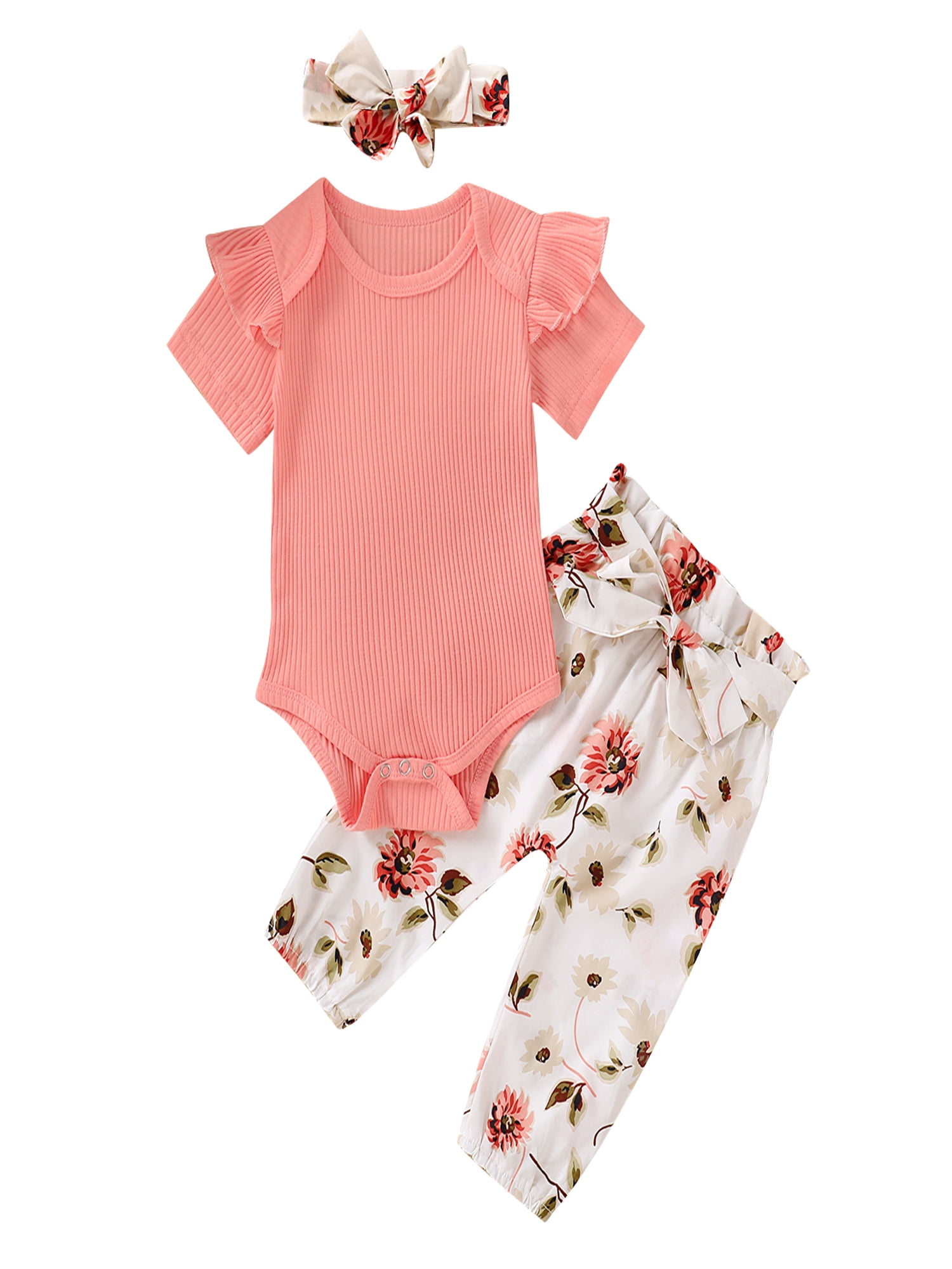 Newborn Baby Girls Ruffle Romper Tops Floral Pants Headband Outfits Clothes Sets