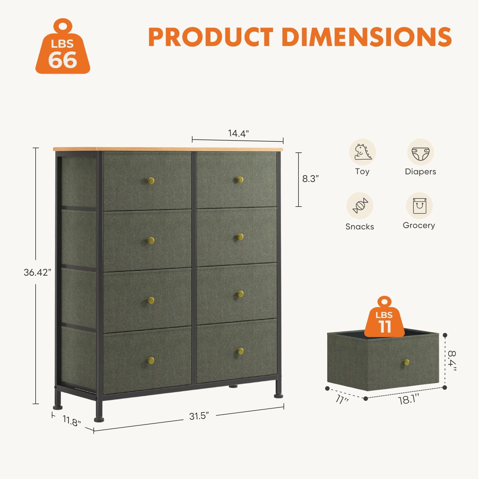 Telyra 8-Drawer Fabric Dresser Tall Storage Tower with Wood Top and Steel Frame Bedroom Closet Organizer, Greyish Green