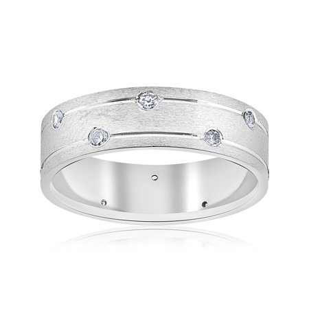 14k Mens Diamond Rings - Mens 14k White Gold Genuine Diamond Comfort Fit Wedding Ring 6MM Brushed Band