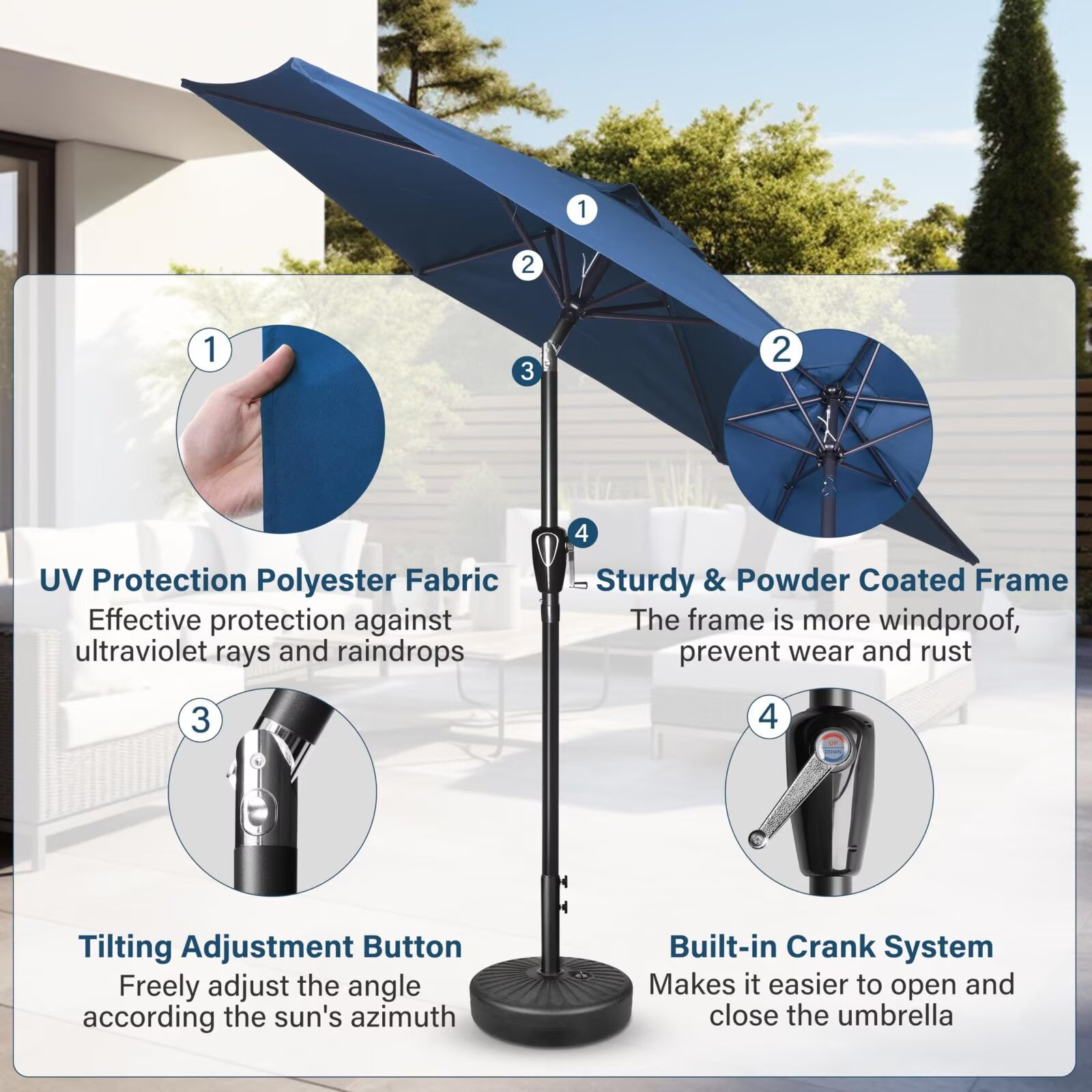 Simple Deluxe 7.5ft Patio Umbrella Outdoor Table Market Yard Umbrella with Push Button Tilt and Crank Lift, 6 Heavy-Duty Ribs for Patio, Garden and Deck Use, Blue, 2-Pack