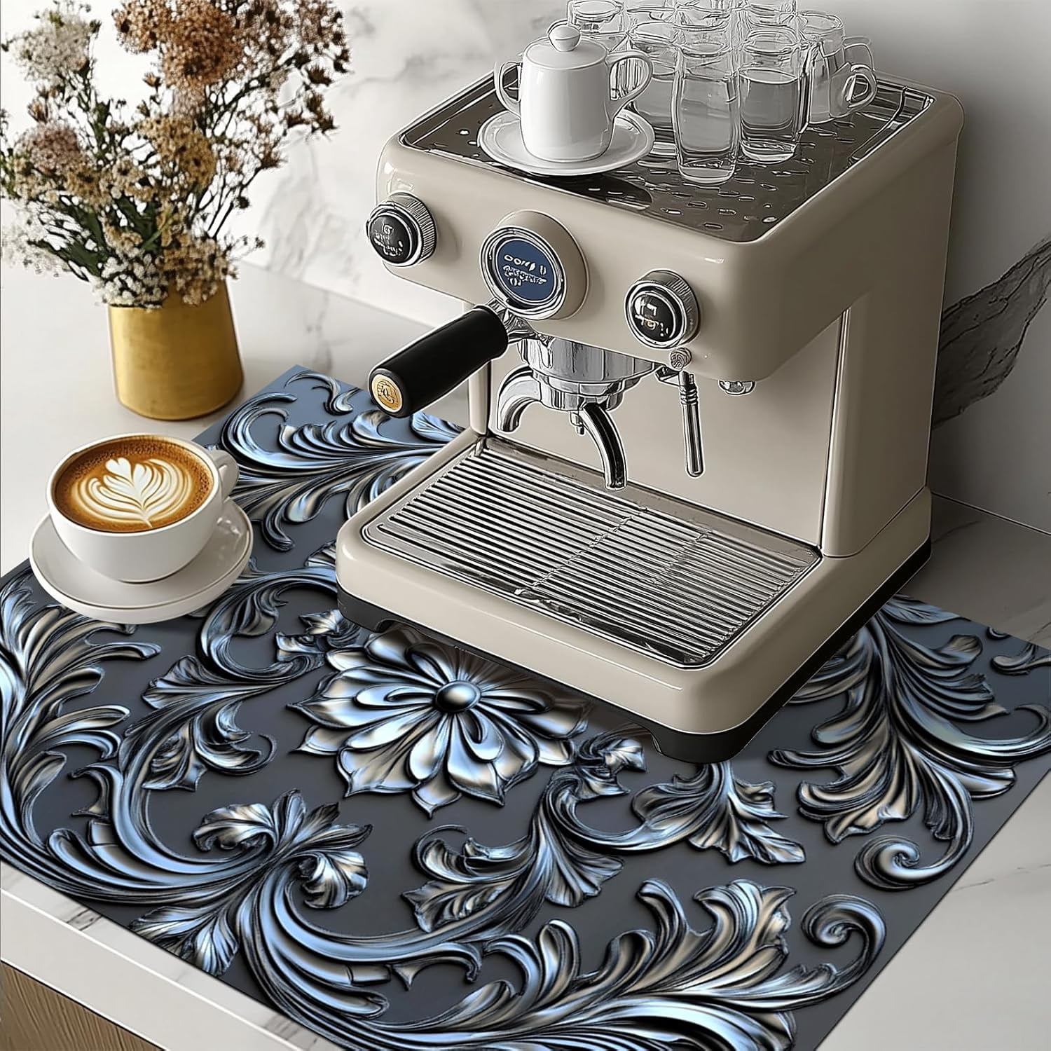 Stove Top Cover for Electric 28x20 Inch Silicone Diatomaceous Stove Mat for Glass Top Earth Pad with Embossed Baroque Floral Pattern for Countertop Coffee Maker Dish Drying Area