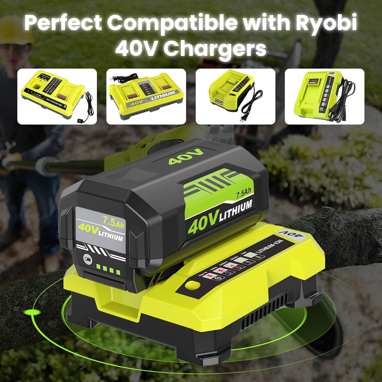 7500mAh 40V Batteries and OP401 Charger Replacement for Ryobi 40V Battery and Charger Combo, Compatible with 40Volt Lithium ion OP40602 OP4075A OP4050 OP40404 OP40261 Tools Battery