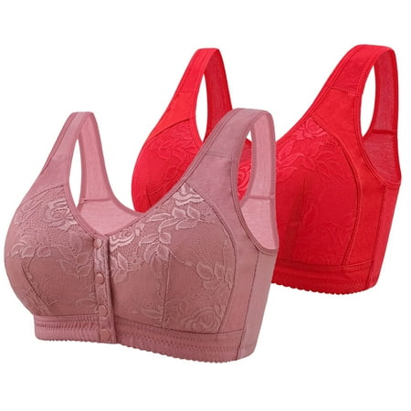 Sentmoon 2PC Nursing Bras Oversize No Underwire Women Sports Bras Breathable Front Closure with Button Floral Lace Embroidery Anti-Sagging Seamless Push up Bra Ladies for Dating Outfits Red 42/95