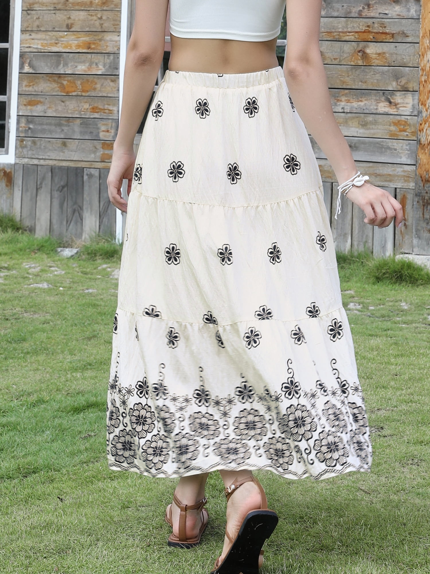 DARING DIVA Women's Ruffle Hem A Line Flared Long Skirts XL White