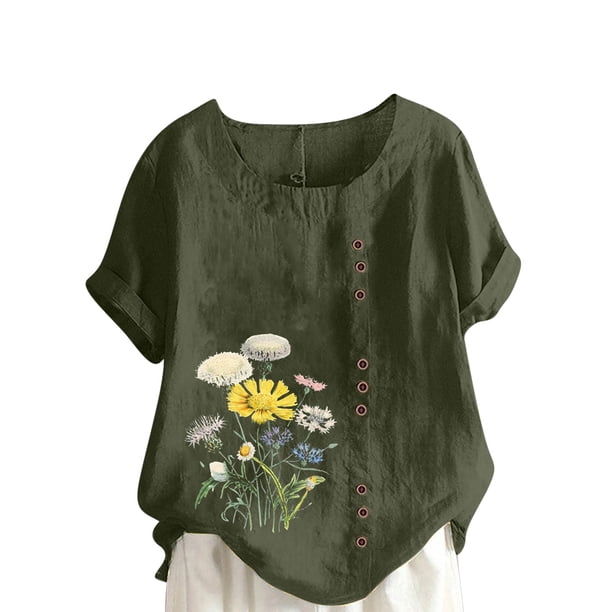 Camiseta suelta informal de verano con cuello redondo y manga corta con estampado de flores para mujer OAVQHLG3B Store lin121212
