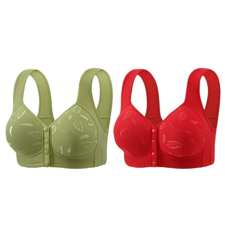 REORIAFEE Bras for Women 2 Pack Front Closure Gathered Together No Wire Bras Solid Brassiere Comfy Wide Strap Breathable Corset Underwear Comfortable Classic Support Lingerie Green XXL