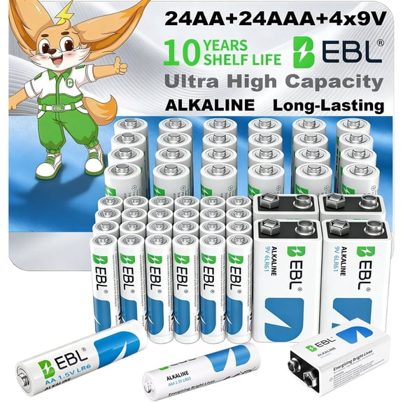 EBL 52-Count 1.5V Alkaline AA & AAA & 9V Batteries Combo Pack (24 Double A   24 Triple A 1.5 Volt   4 Pcs 9 Volts ) Smoke Alarm Detectors Battery, Ultra High Power Long Lasting 10 Years Storage Life