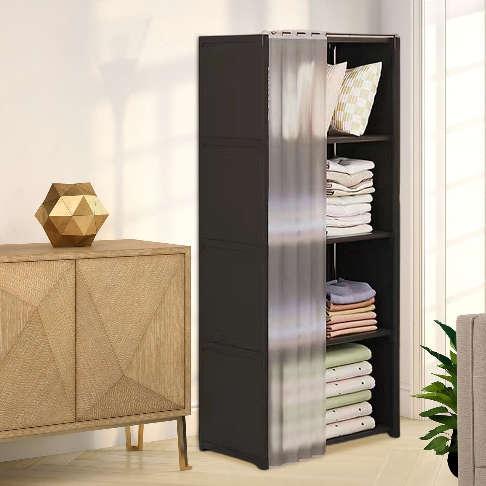 4-Tier Wardrobe Closet with Zippered Dust-Proof Curtain, Fabric Storage Organizer for Bedroom, Heavy Duty Closet Organizer with Shelves, Easy Assembly Standing Wardrobe Cabinet for Clothes