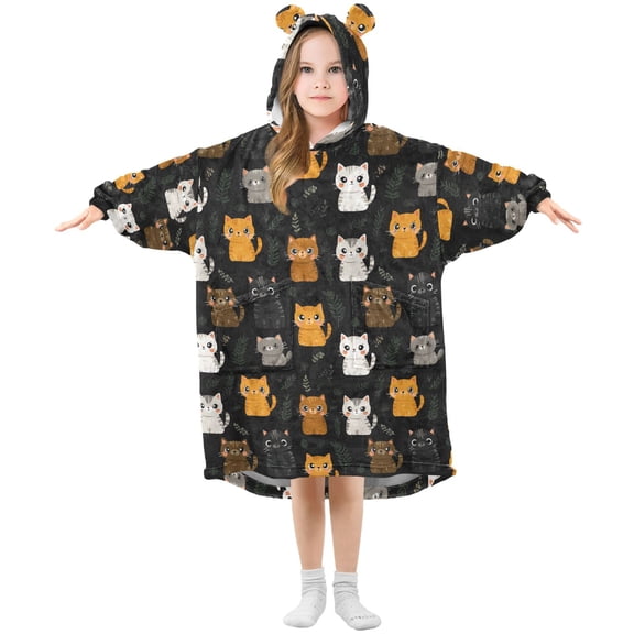 Wearable Blanket Hoodie for Kids Cats and Weeds Flannel Hooded Blanket with Pockets and Sleeves Suitable for Boys and Girls