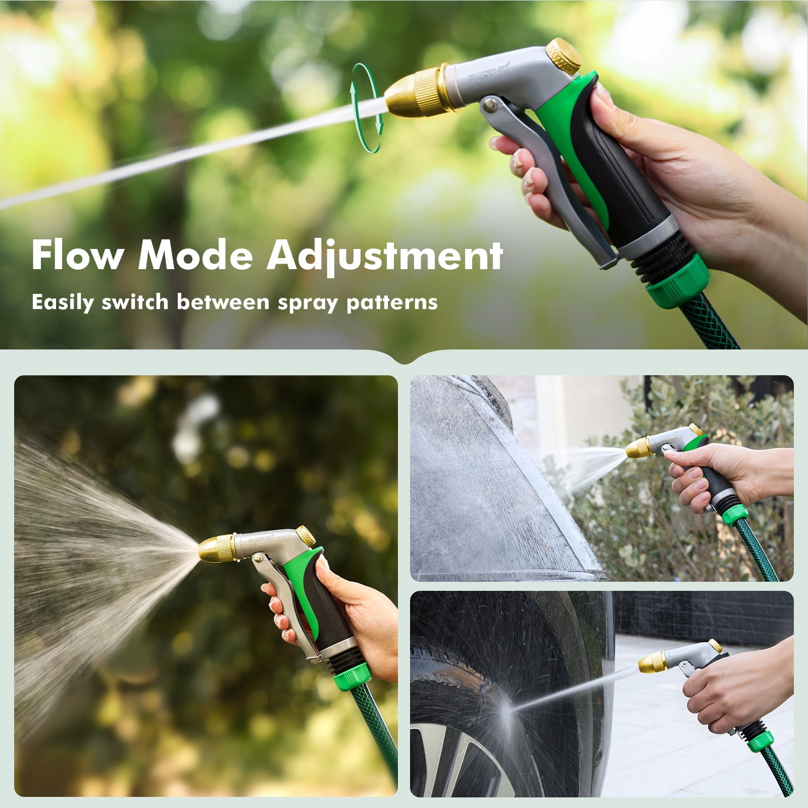 Restmo Metal Hose Nozzle with 8 Adjustable Spray Patterns - High Pressure, Heavy Duty Water Sprayer Nozzle for Garden Watering, Car Wash, Patio and Pets, Green