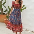 thumbnail image 4 of up to 60% off Gifts Usmixi Formal Dresses for Women Short Sleeve Square Neck Western Print Summer Maxi Dresses Puff Sleeve Ruffle Swing Vintage Beach Bohemian Dress Blue S Up to 65% off, 4 of 7