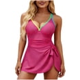 thumbnail image 2 of QUNYINEY Ruched Women's One Piece Swimsuit Tummy Control Pink Swimwear with Skirt V Neck Modest Swimwear, 2 of 5