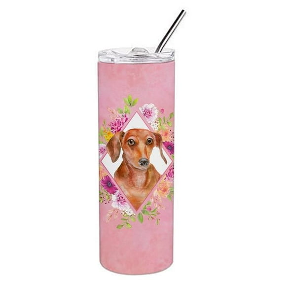 20 oz Dachshund Red No.2 Pink Flowers Double Walled Stainless Steel Skinny Tumbler