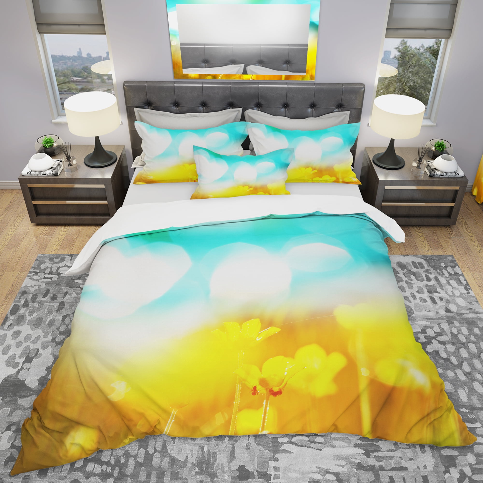 Designart 'Yellow Flowers on Blue Background' Modern & Contemporary Duvet Cover Set