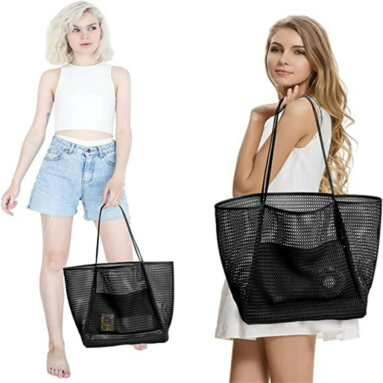 Beach Bags Women Mesh Tote Bag Black White Stripes Toy Grocery Pool Bag  with Pockets for Travel/Picnic/Shower