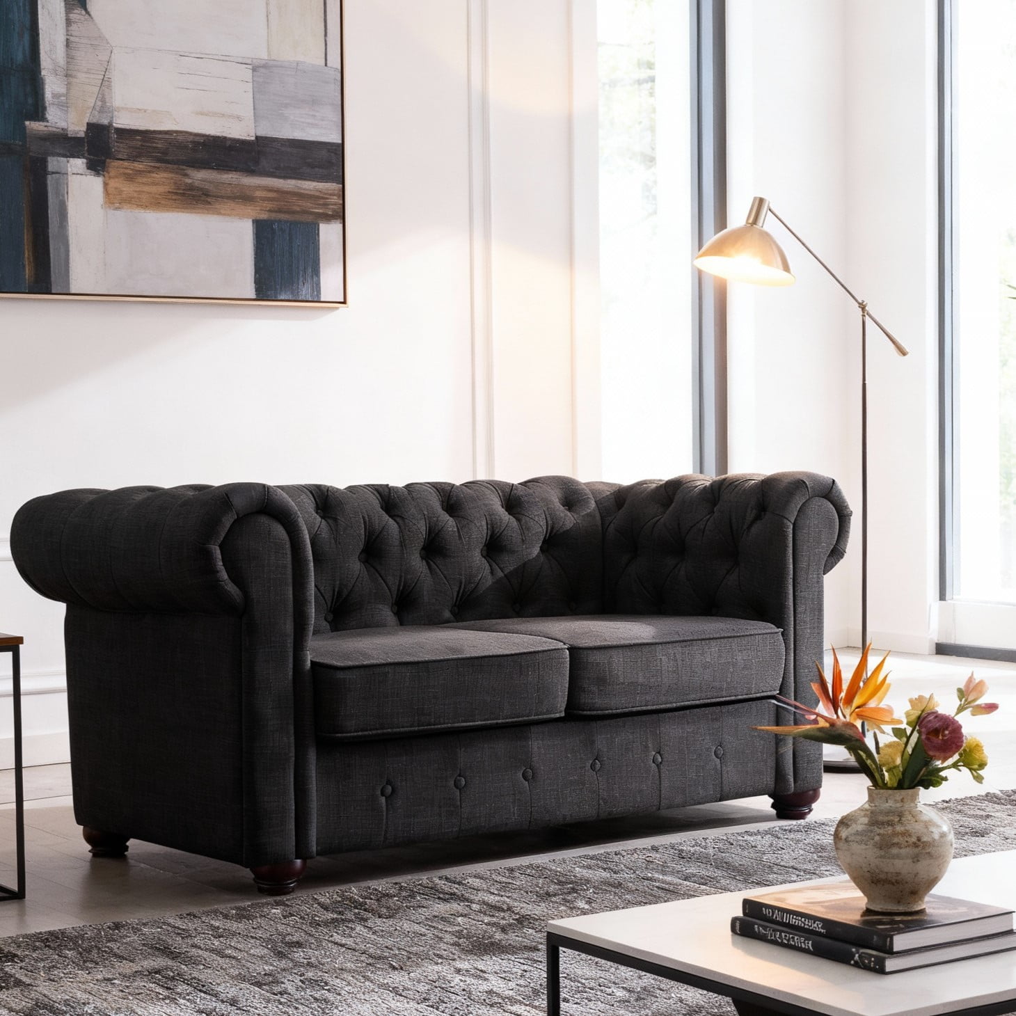 Gewnee Dark gray 65” Loveseat, Solid Wood Frame & Rubberwood Legs for Living Room, Apartment, Guest Room