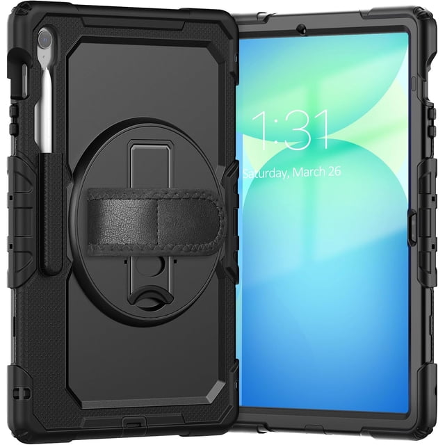 funda para samsung galaxy tab s10 fe+ plus de 13,1 pulgadas modelo 2025 (x620/x626b) resistente a golpes con protector de pantalla y soporte giratorio de 360°, correa de mano desmontable. Vista frontal y posterior centrada de la tablet en funda negra; carcasa rígida de policarbonato con marco TPU, recortes precisos para cámara, altavoces y puerto de carga, soporte circular giratorio con correa acolchada y ranura para lápiz. Fondo neutro; también adecuada para sujetar la tablet con una mano durante viajes o actividades al aire libre.