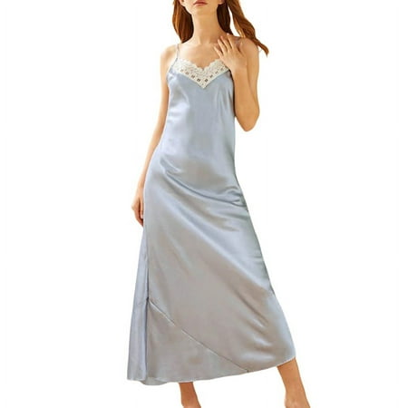Women Satin Long Nightgown Full Slips Backless Sleepshirt Lace Trim Nightdress Maxi Camisole Nightgown Bridal Babydoll XS-L