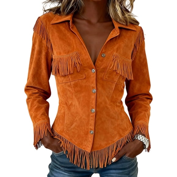 QHFBli Womens Fringe Suede Western Cowgirl Shirts Vintage Long Sleeve Button Down Rodeo Tops Slim Fit Country Concert Jacket