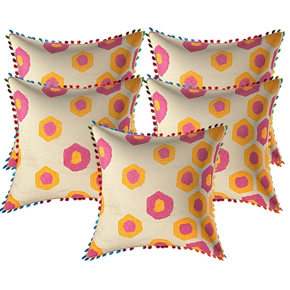 Stylo Culture Ethnic Decorative Throw Pillow Covers 16x16 Towel Embroidered Orange Bright Pink Zippered 40x40 cm Pom Pom Lace Cotton Geometric Square Cushion Covers | Set Of 5
