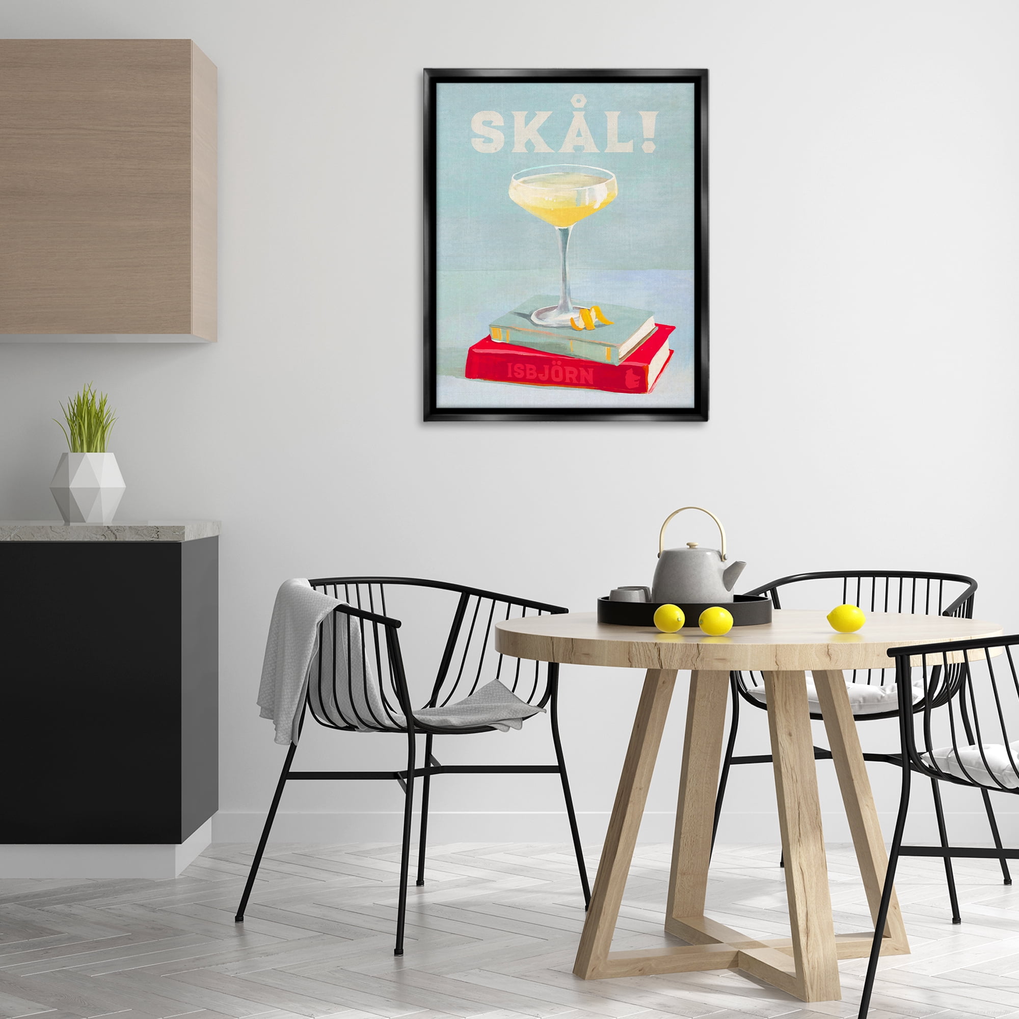 Stupell Industries Skal Cocktail & Bookstack Food & Beverage Painting Black Floater Framed Canvas Art Print Wall Art, 25 x 31