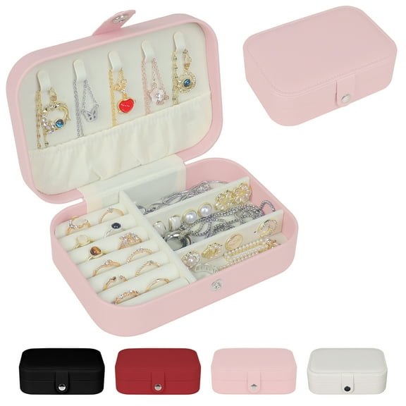 Keyroal Travel Jewelry Box for Women Girls, PU Leather Organizer with Metal Clasp, Hidden Pouch & Tangle-Free Hooks, Compact Jewelry Case for Necklace Ring Earring Bracelet (Pink)