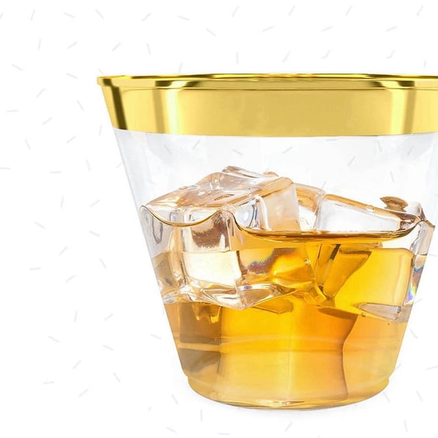 Copa de PláStico 9 Oz Copa Desechable Dura Copa de Vino de PláStico Fiesta Boda Copa de Vino Copa de PláStico Transparente - Borde Dorado
