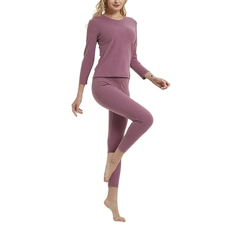 Women s Round Long Sleeve Double Sided Brushed Warm Solid Color Slim Bottom Outer Wear Long Sleeve Thermal Underwear Set