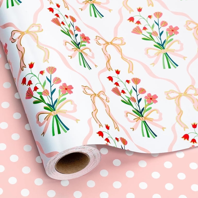 HOMERAL Reversible Floral Bow Wrapping Paper, Metallic Gold, 17"x32.8' photo 1
