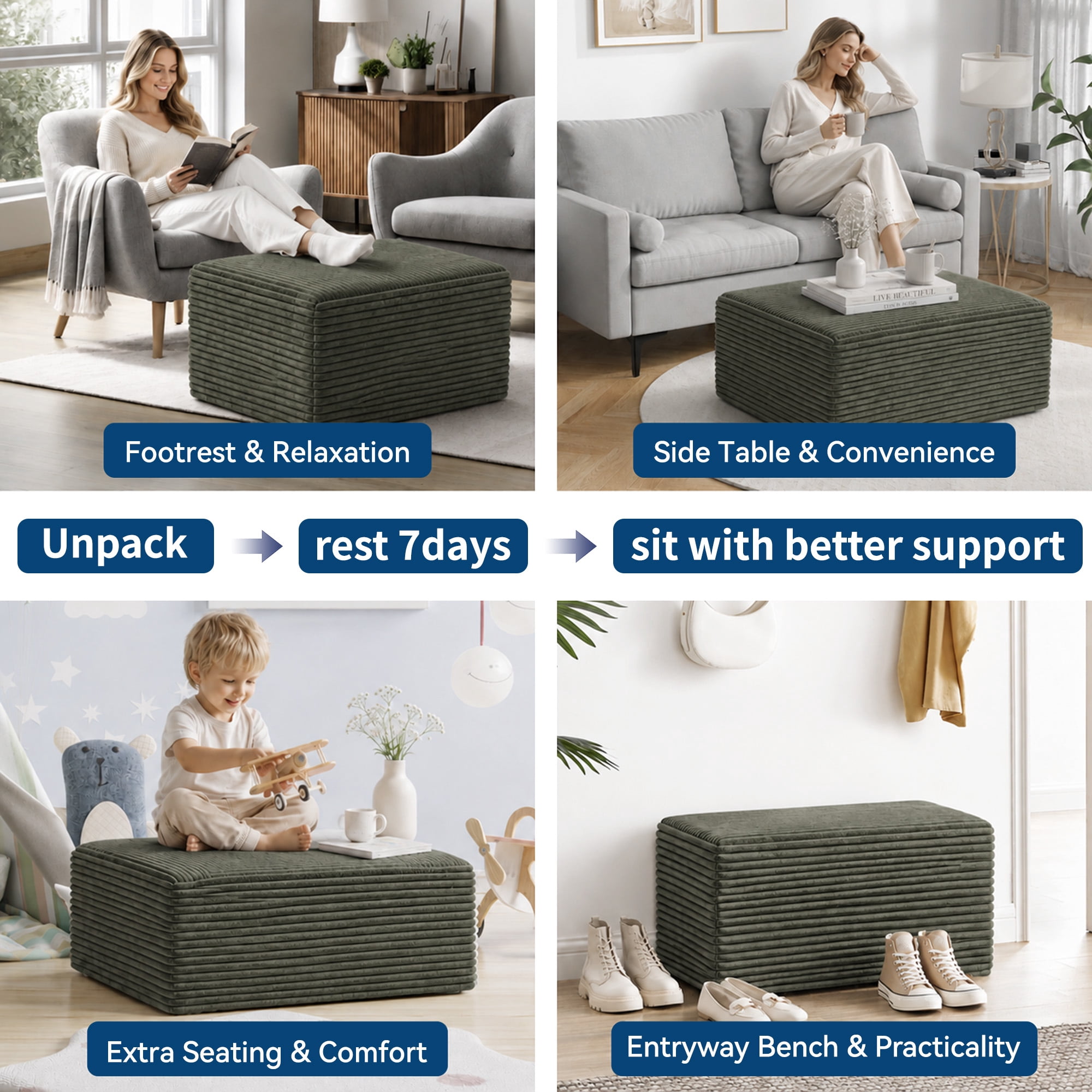 IDEALSOUL Corduroy Ottoman, Rectangle Ottoman Foot Rest for Couch, Oversized Modular Sectional Sofa Stool, Extra Seating & Coffee Table for Sofa, Cloud Foot Rest Foam Support, No Assembly Required