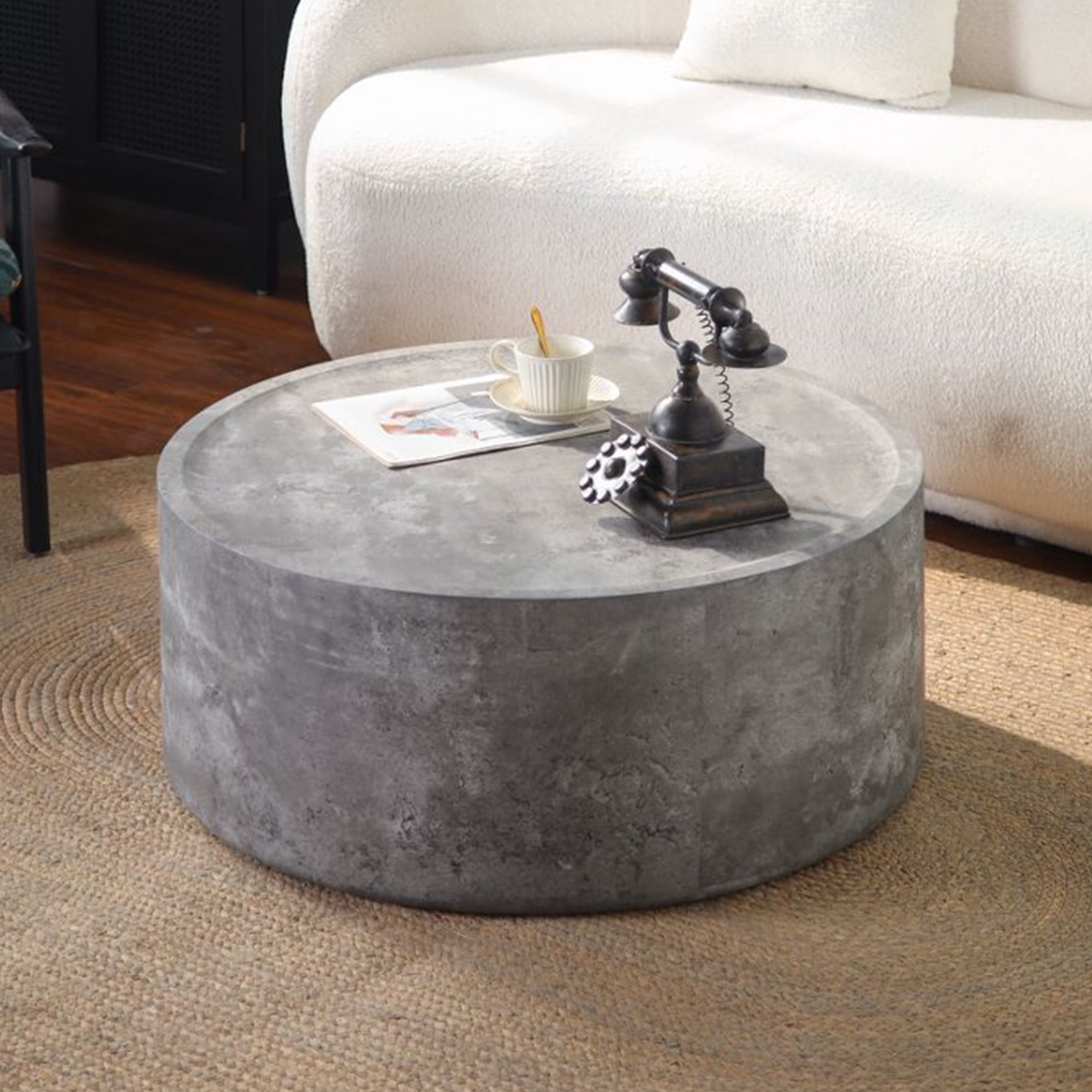 Leumius Round Coffee Table with Faux Concrete Finish, Modern Drum Circle Coffee Table for Living Room Bedroom, No Need Assembly Gray 2