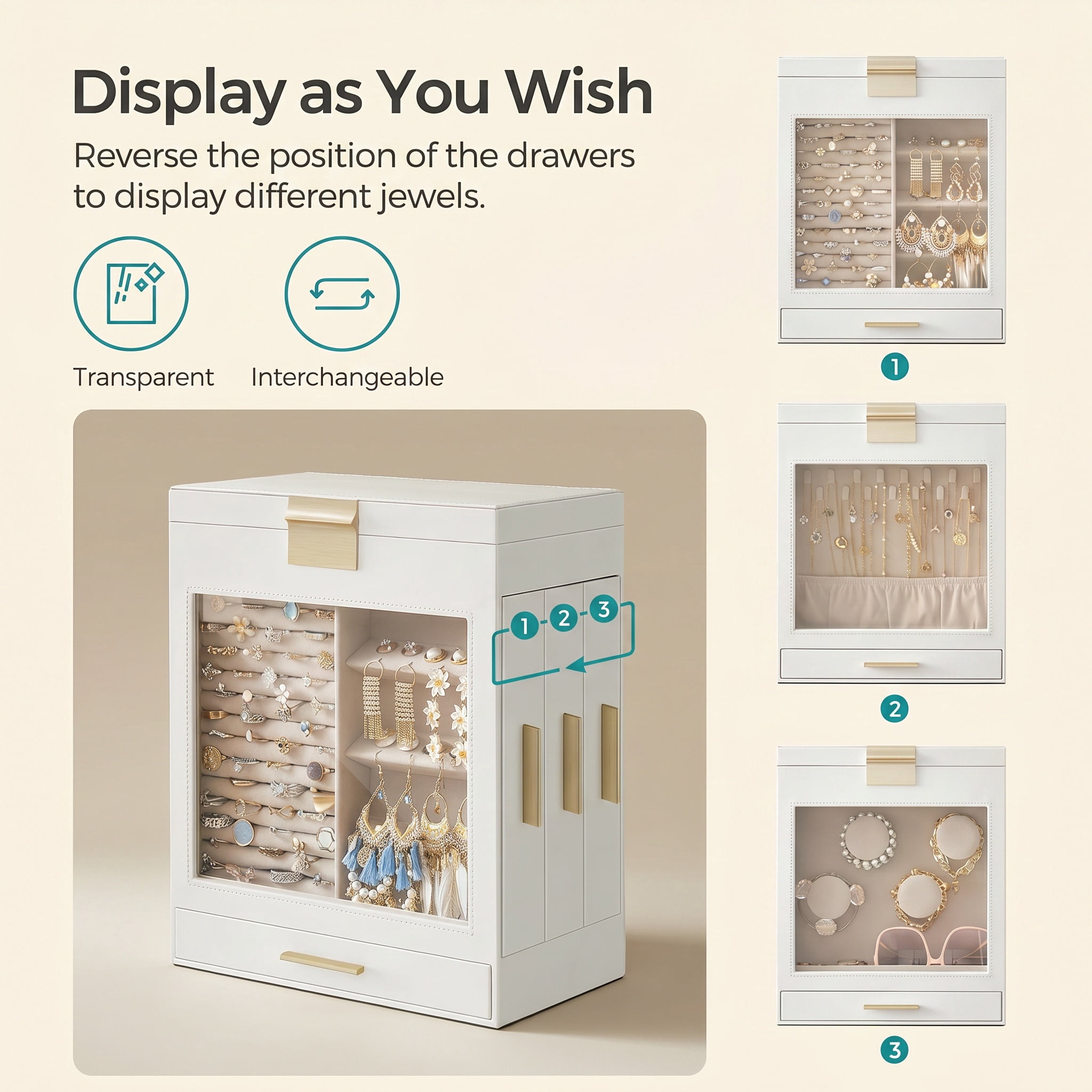 Nordic Hygge5-Layer Modern Jewelry Box with Glass Window & Side Drawers, Cloud White & Gold