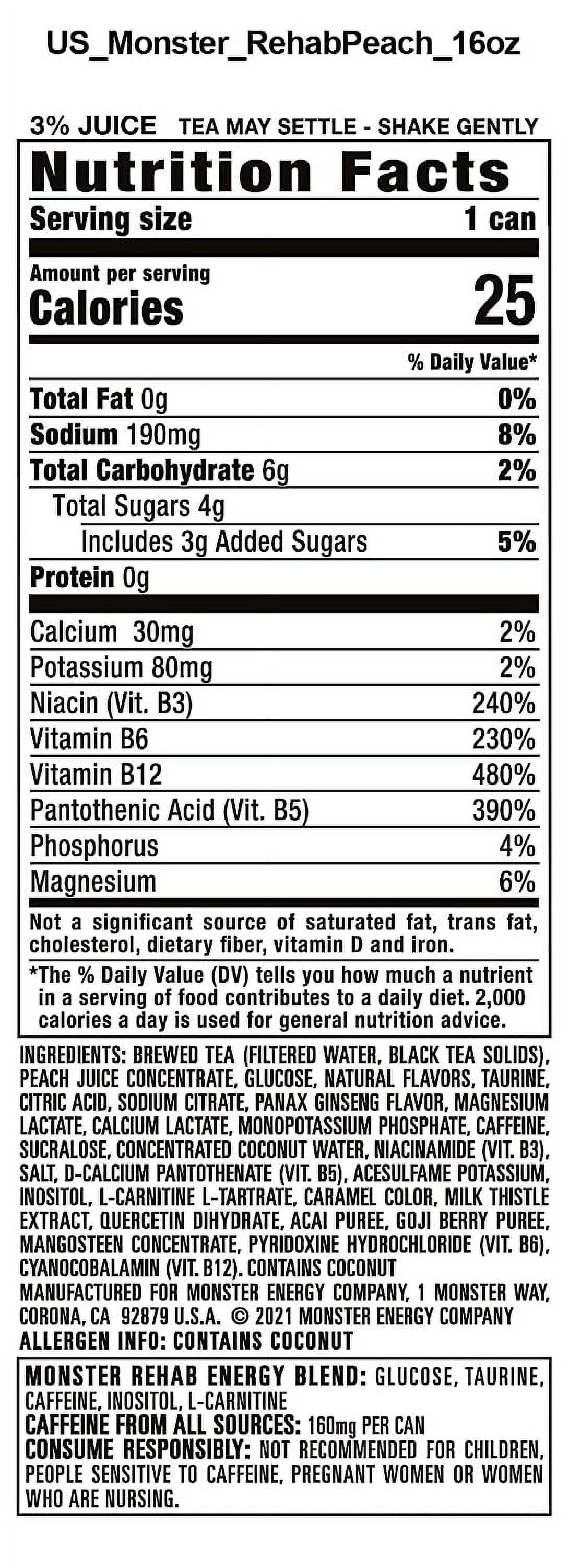 Monster Energy Rehab Peach Tea + Energy - 15.5 Oz., (12 Pack)