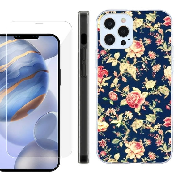 Slim Fit Protective Phone Case for Apple iPhone 12 / iPhone 12 Pro, with Tempered Glass Screen Protector, by OneToughShield ® - Floral Garden