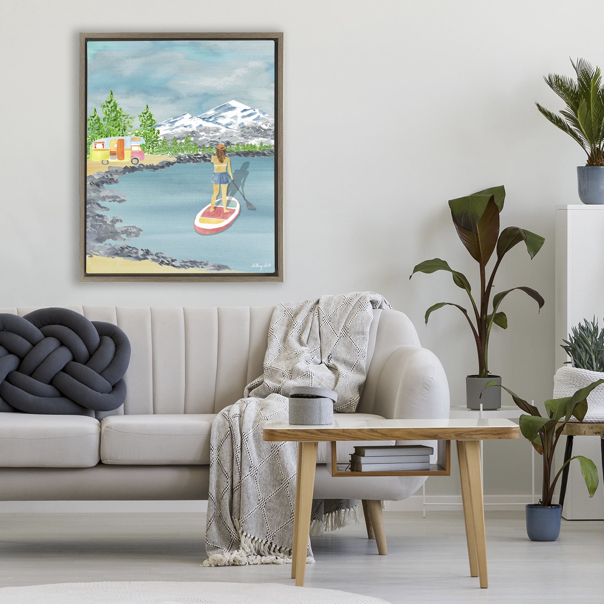 Stupell Industries Lake Tahoe Paddle Boarding Brown Framed Floater Canvas Wall Art, design by Hillary Holt