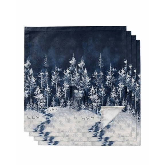 Dark Blue Christmas Cloth Napkins Set of 4, Forest Reindeer Watercolor Snowflake Washable Reusable Dinner Cocktail Napkin for Kitchen Party Wedding Banquet Holiday Baby Shower Table Decor