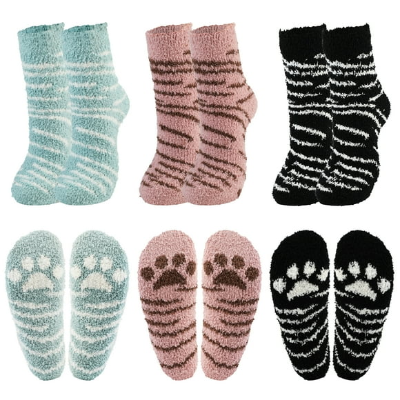 6 Pair Fuzzy Crew Socks Warm Soft Cat Paw Socks Animal Cozy Socks for Women