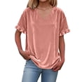 thumbnail image 3 of Women's Loose Fit Short Sleeve V Neck Top Shirts Blouses with Ruffled Hollow Out Cuffs and Velvet Trim Casual Daily Wear Vacation Outfits Fashion Essential Gift | Sopatenor,Pink XL, 3 of 9