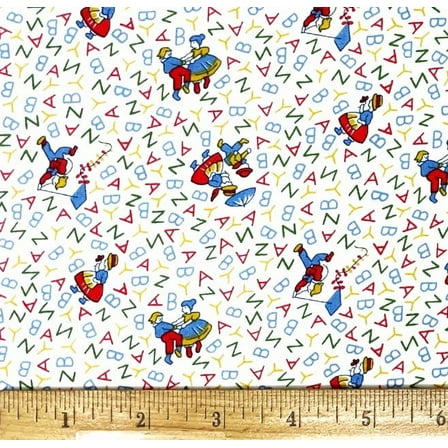 1 Fat Quarter - Storytime Alphabet Kids on White Cotton Fabric - 21" X 18"