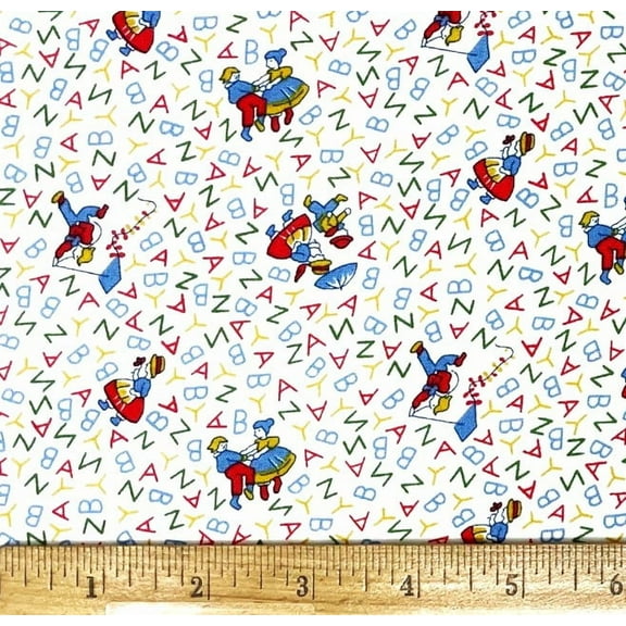 1 Fat Quarter - Storytime Alphabet Kids on White Cotton Fabric - 21" X 18"