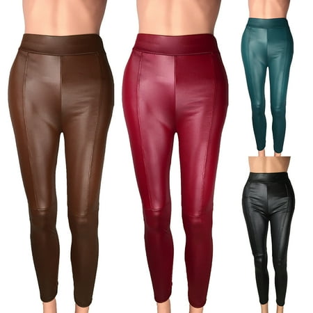 

Taluosi Women Solid Color High Waist Slim Stretch Faux Leather Leggings Pants Trousers
