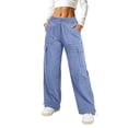 thumbnail image 2 of Women's Wide Leg Sweatpants Drawstring Waist Baggy Cargo Pants Casual Elastic Waisted Trousers with Pockets Blue M, 2 of 6
