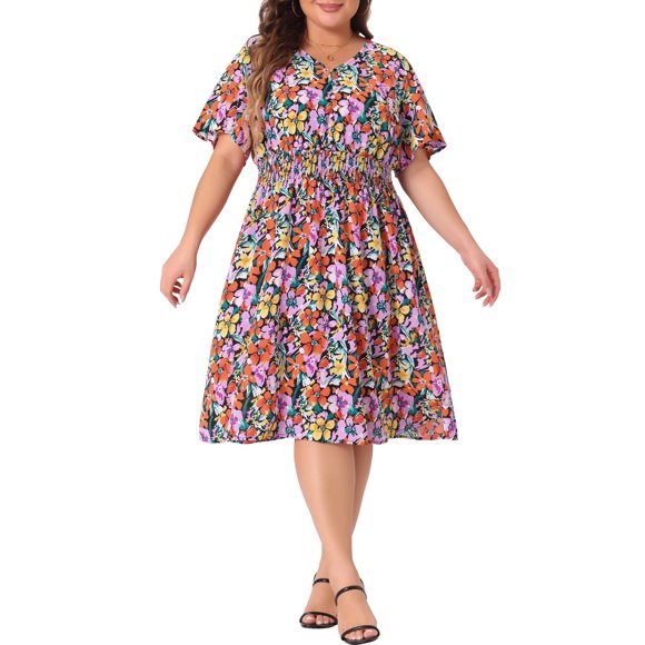 Vestido midi de playa con cuello en V floral para mujer de tallas grandes GRACE & GRANDEUR 3X naranja amarillo